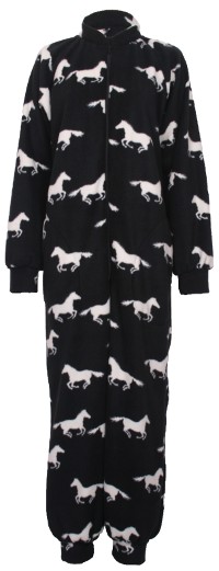 White horse on black background pattern fleece onesie and all-in-one